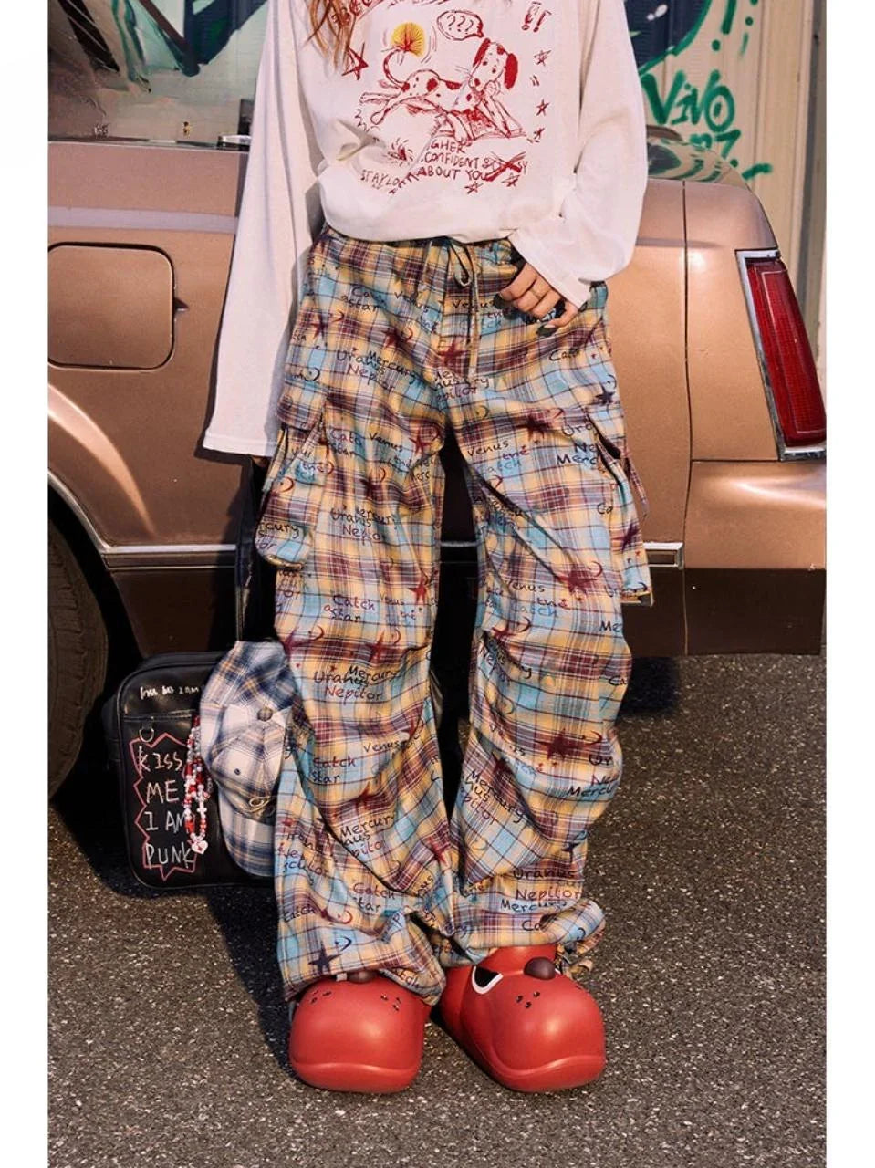 デザインカーゴパンツ グラフィティチェック ワイド