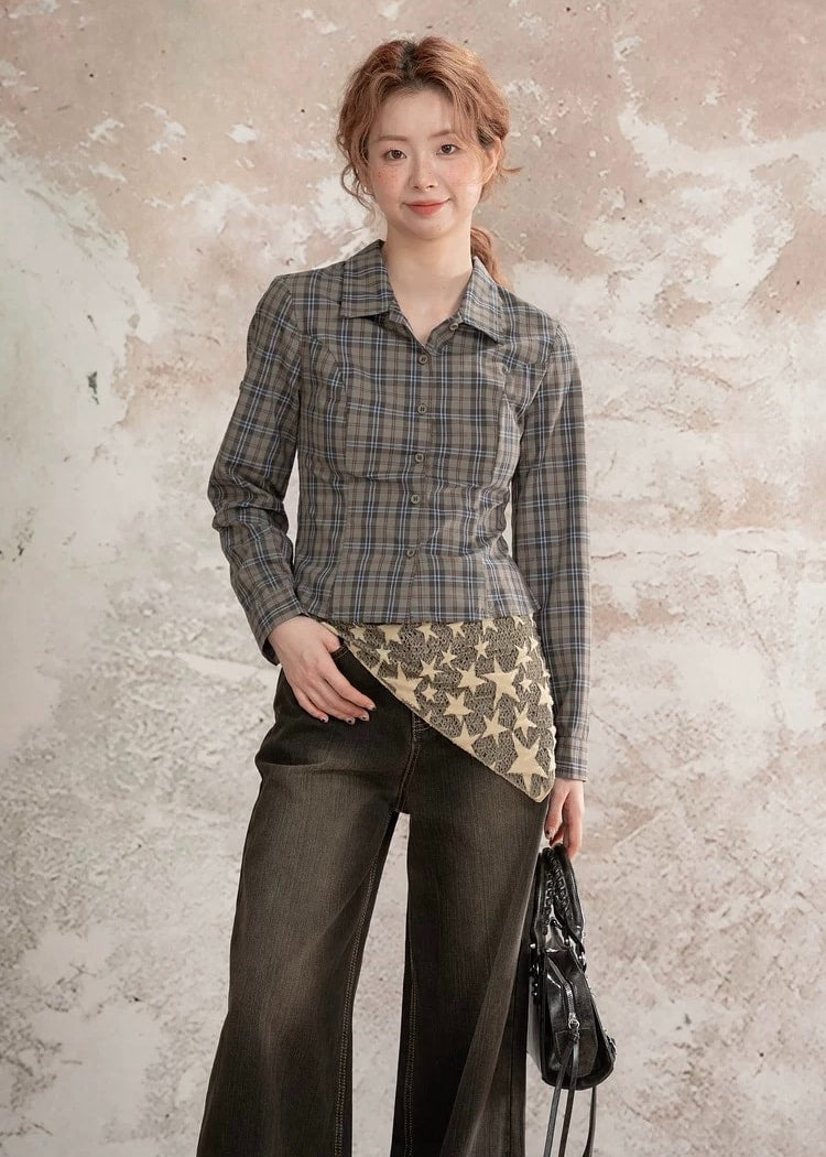 Waist-marked check ribbon blouse