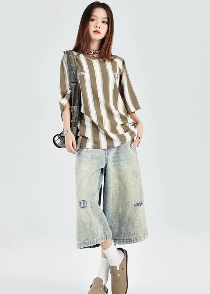 ダメージ加工 デニムショートパンツ レディース ワイド 夏用