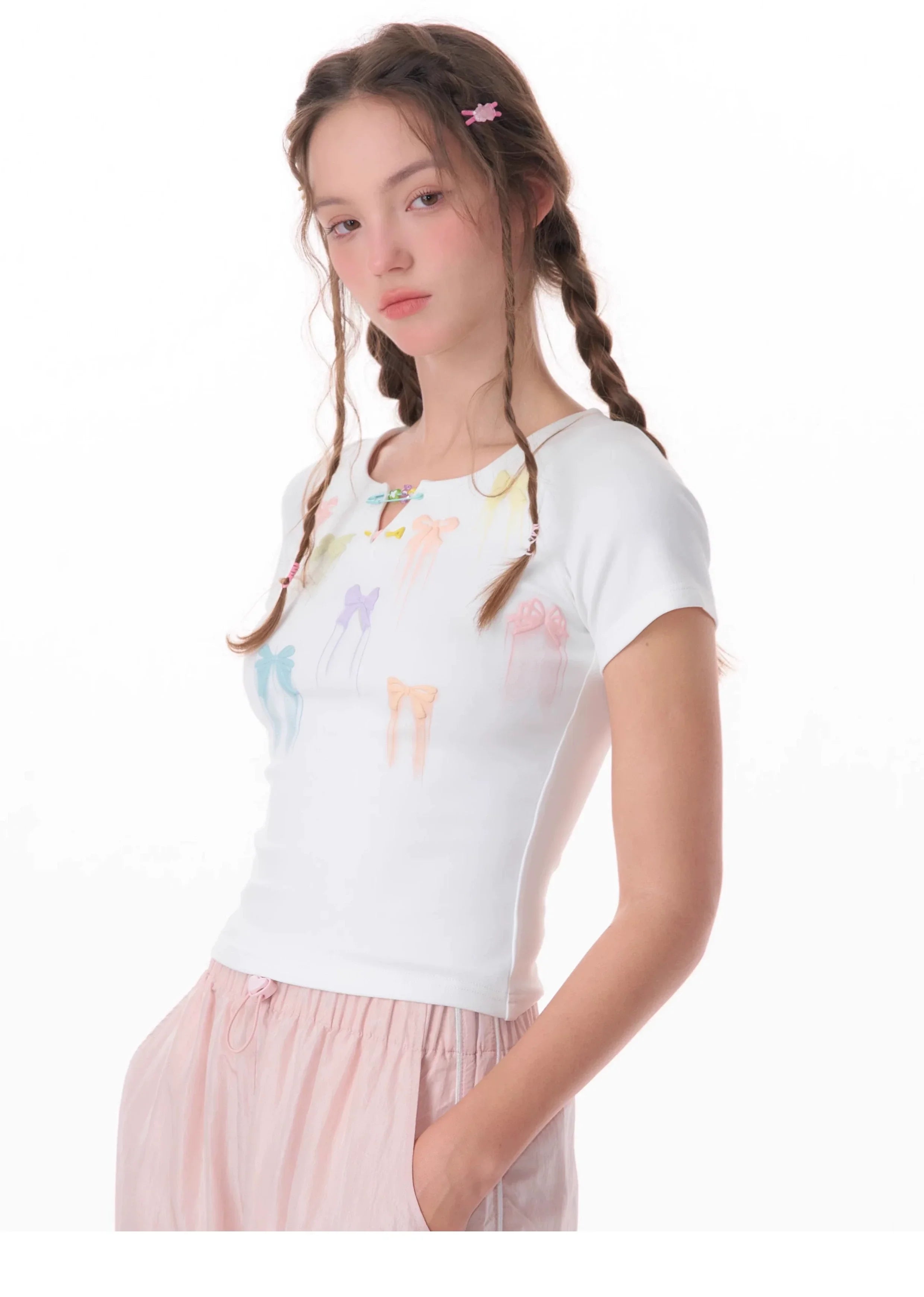 リボンプリント スリムフィット 半袖Tシャツ レディース