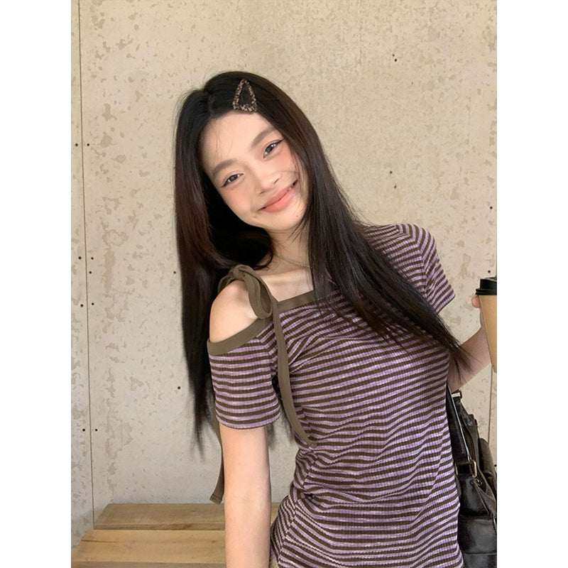 韓国風 オフショルダー タイトTシャツ 紫ボーダー OL1820