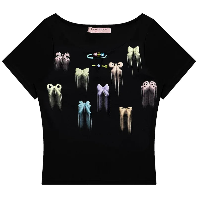 リボンプリント スリムフィット 半袖Tシャツ レディース