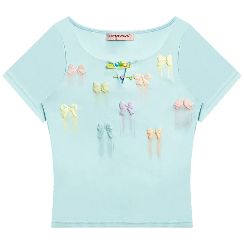 リボンプリント スリムフィット 半袖Tシャツ レディース
