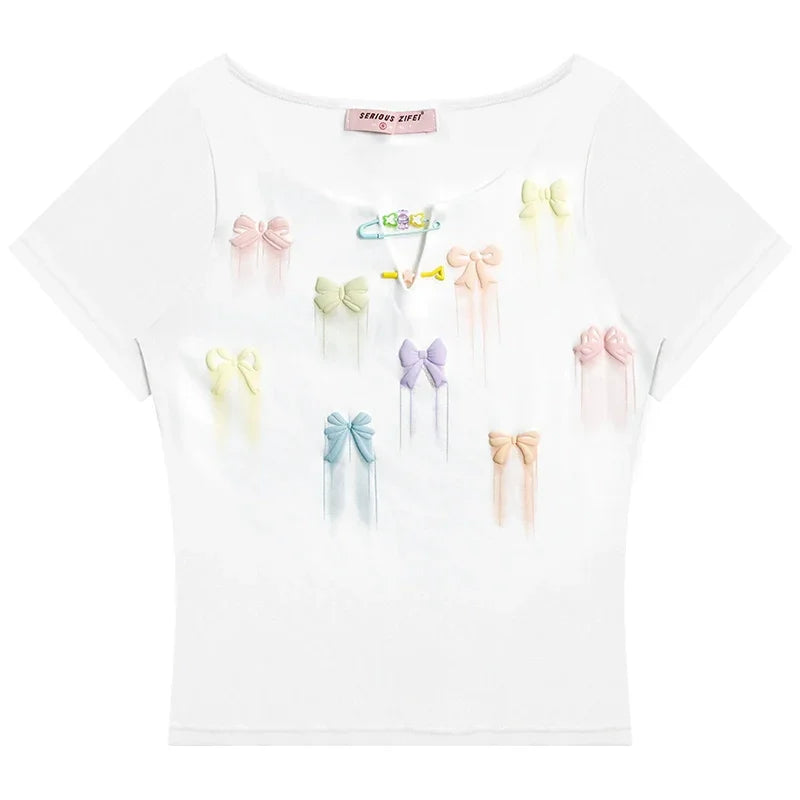 リボンプリント スリムフィット 半袖Tシャツ レディース