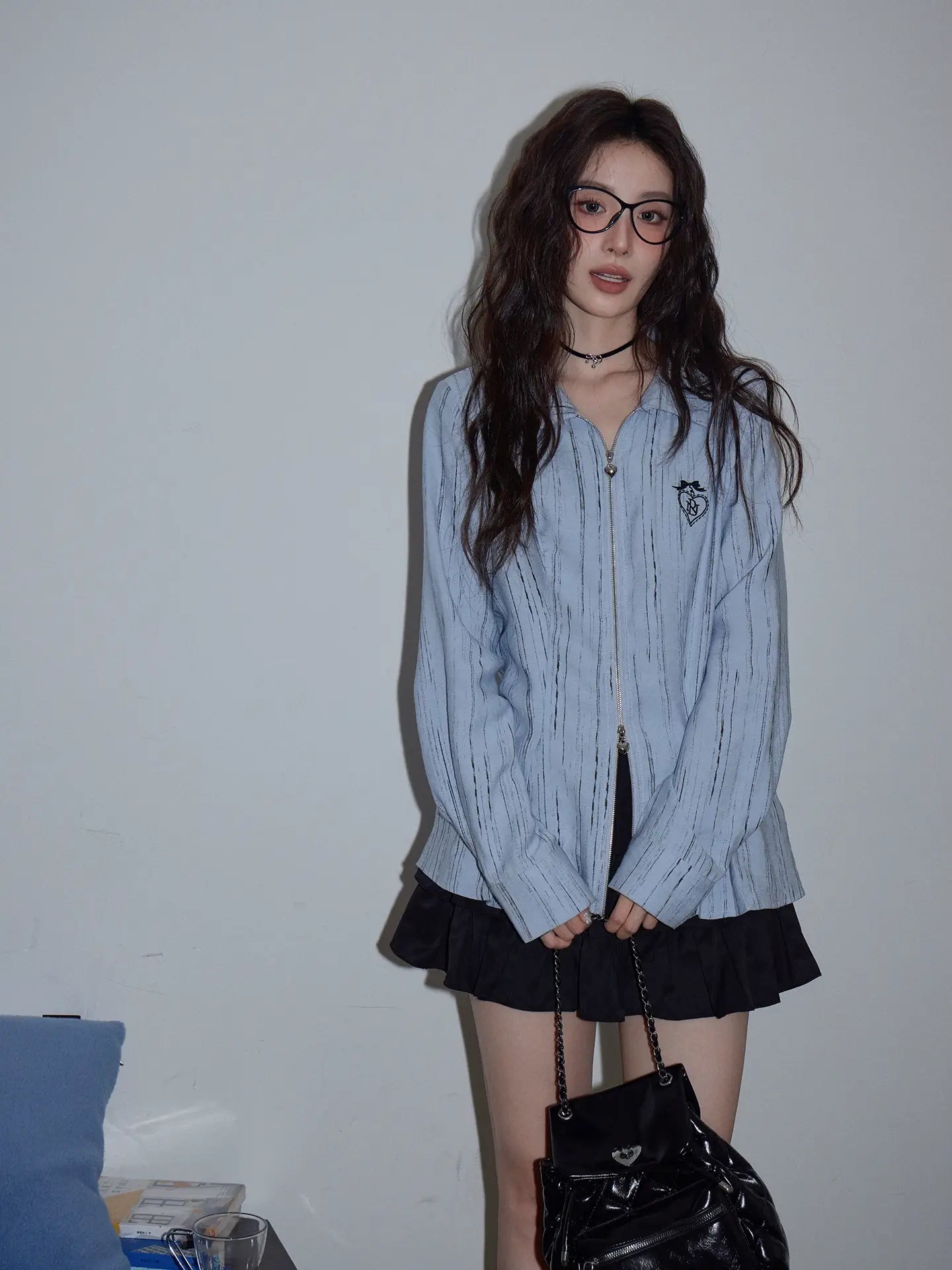 Double-zip shirt jacket in light blue, Korean fashion