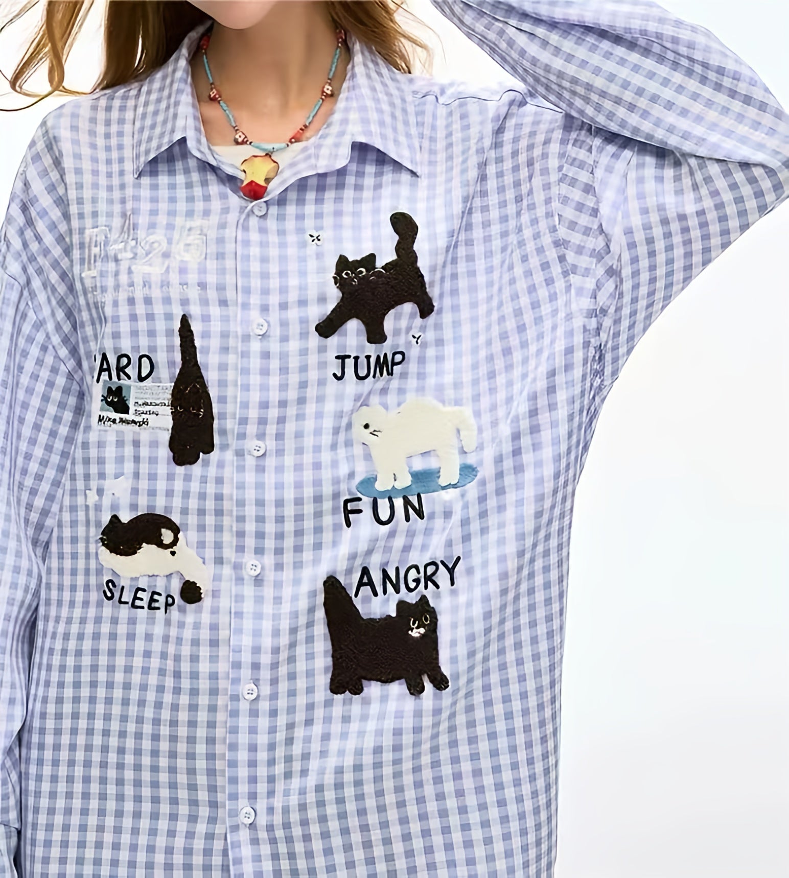 Cute and relaxed cat embroidered check shirt OL1821