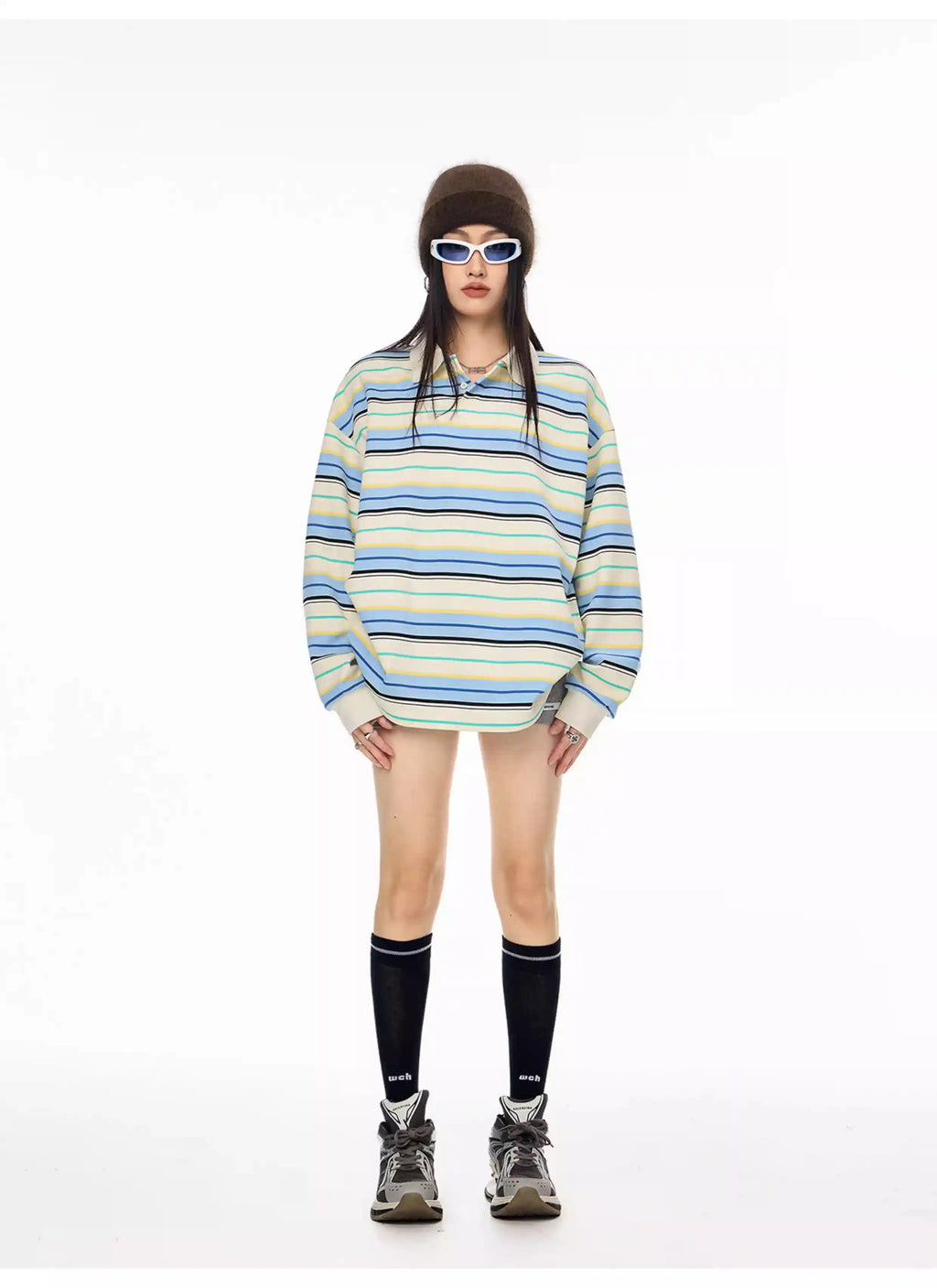 Striped Long Sleeve Polo Top with Contrast Panels   OL1993