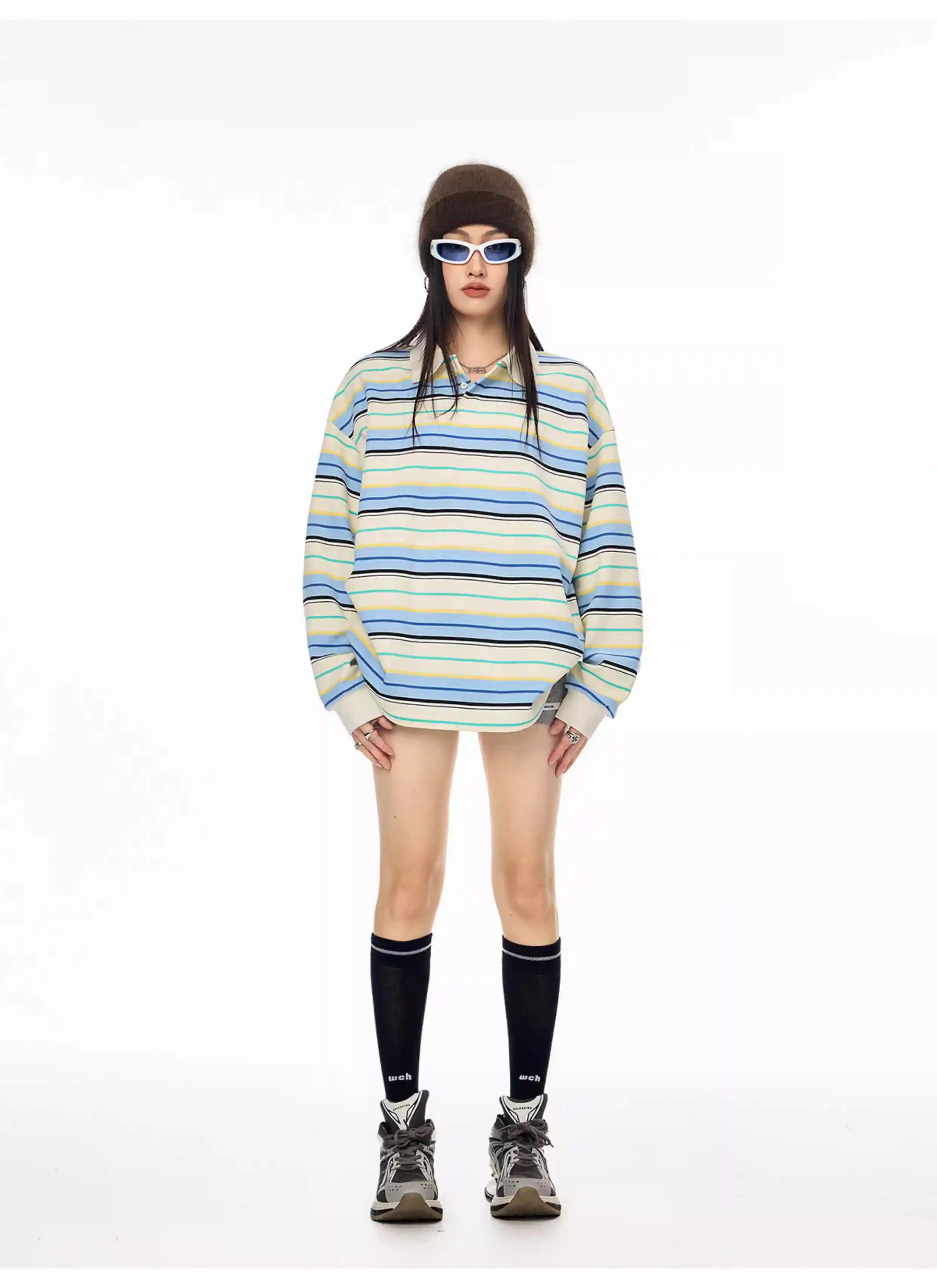Striped Long Sleeve Polo Top with Contrast Panels   OL1993