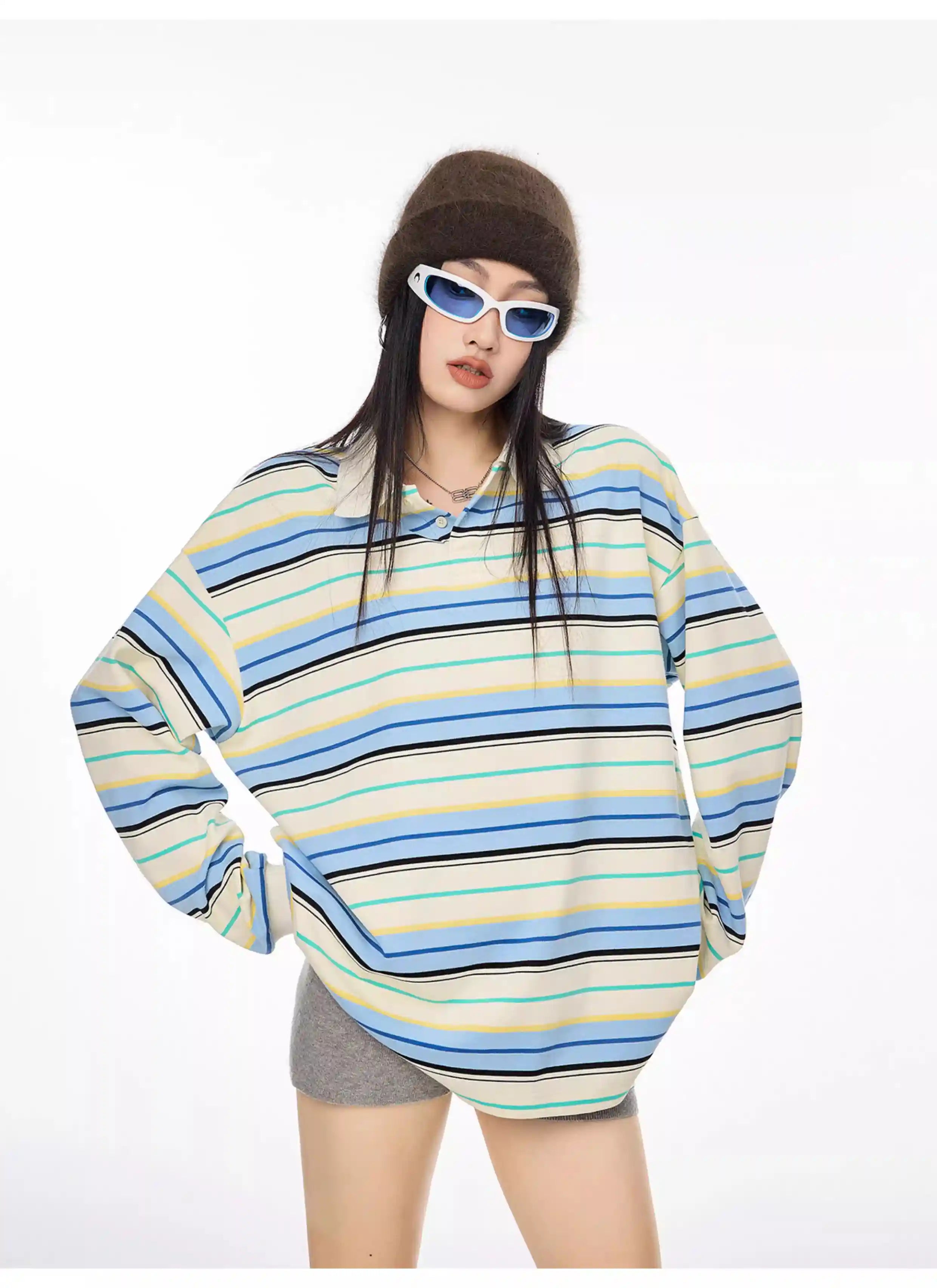 Striped Long Sleeve Polo Top with Contrast Panels   OL1993