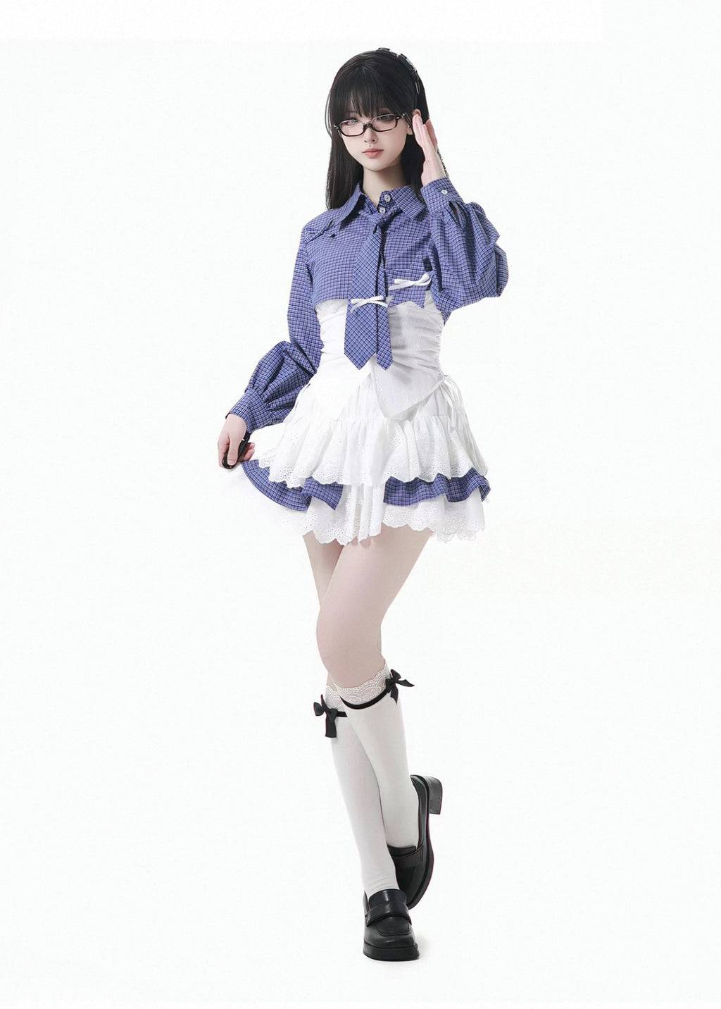 Plaid Shirt Lace Cami and Tiered Skirt Separates OL2477