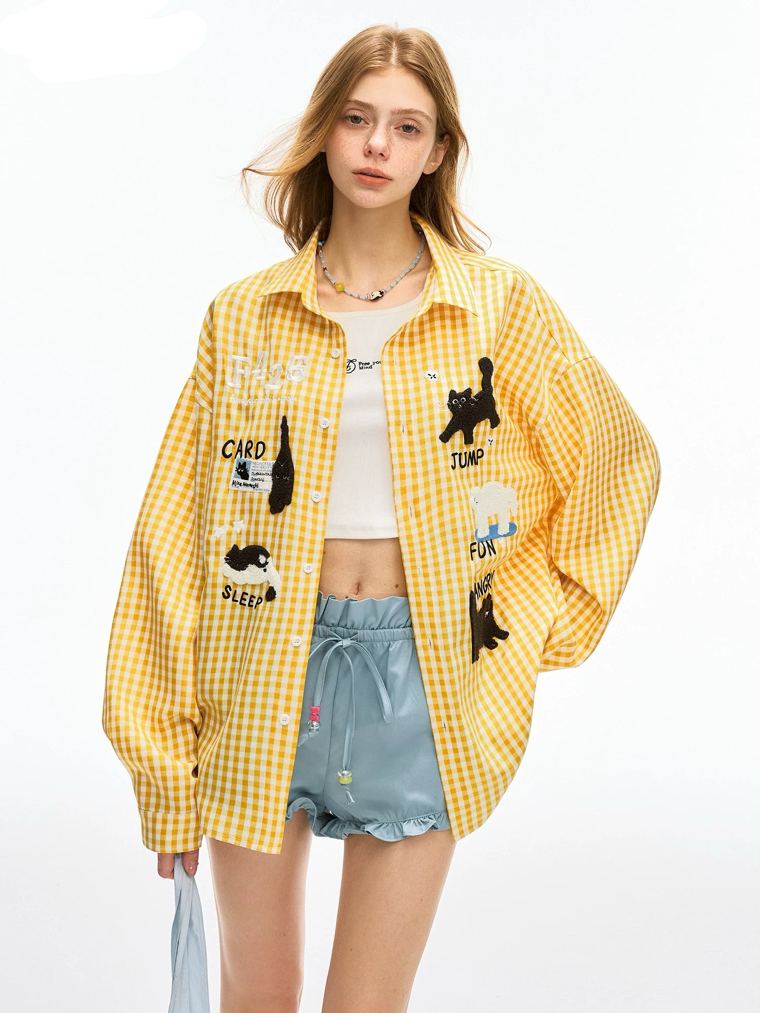 Cute and relaxed cat embroidered check shirt OL1821