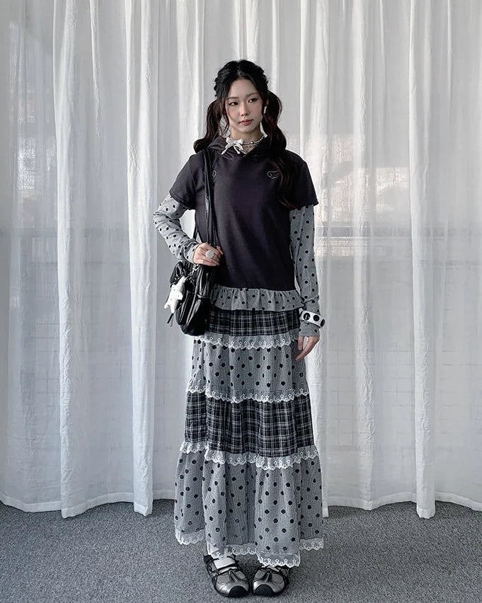 Lace Trim Polka Dot Tiered Midi Skirt OL2439