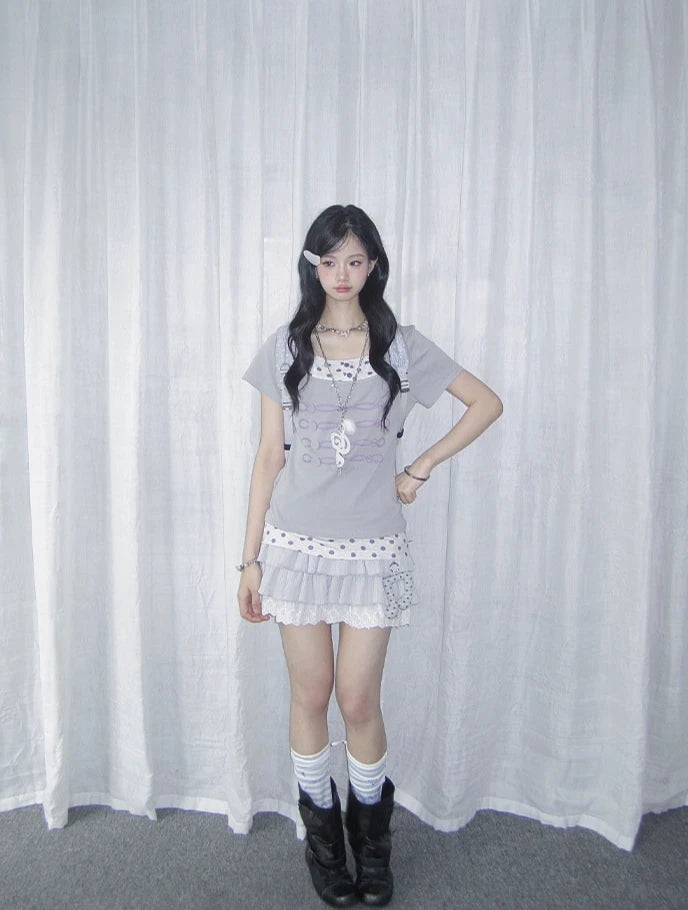 Polka Dot Faux Layered Button Tee Y2K OL2330