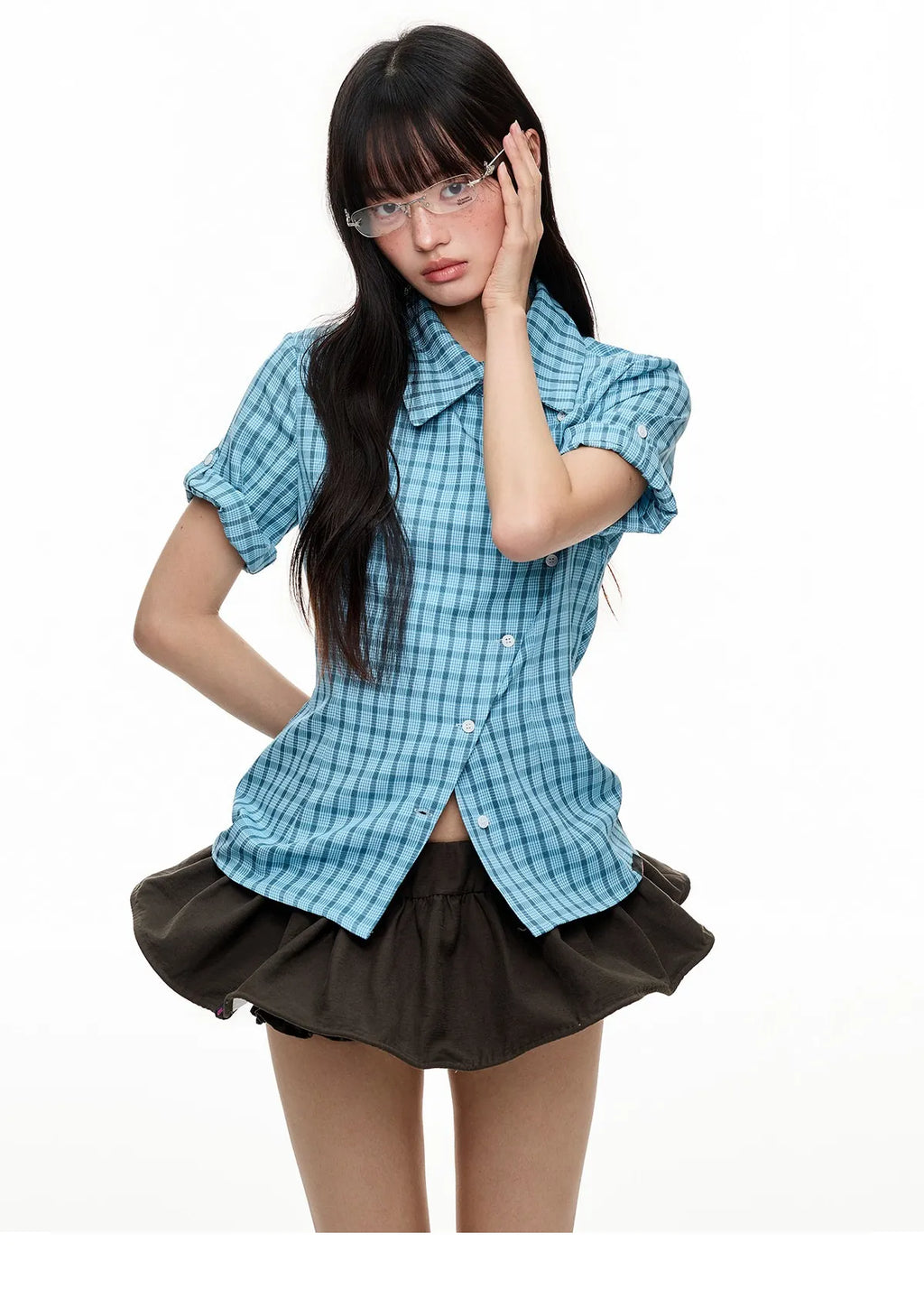 Blue Contrast Plaid Short Sleeve Shirt oliviroa オリヴィオラ