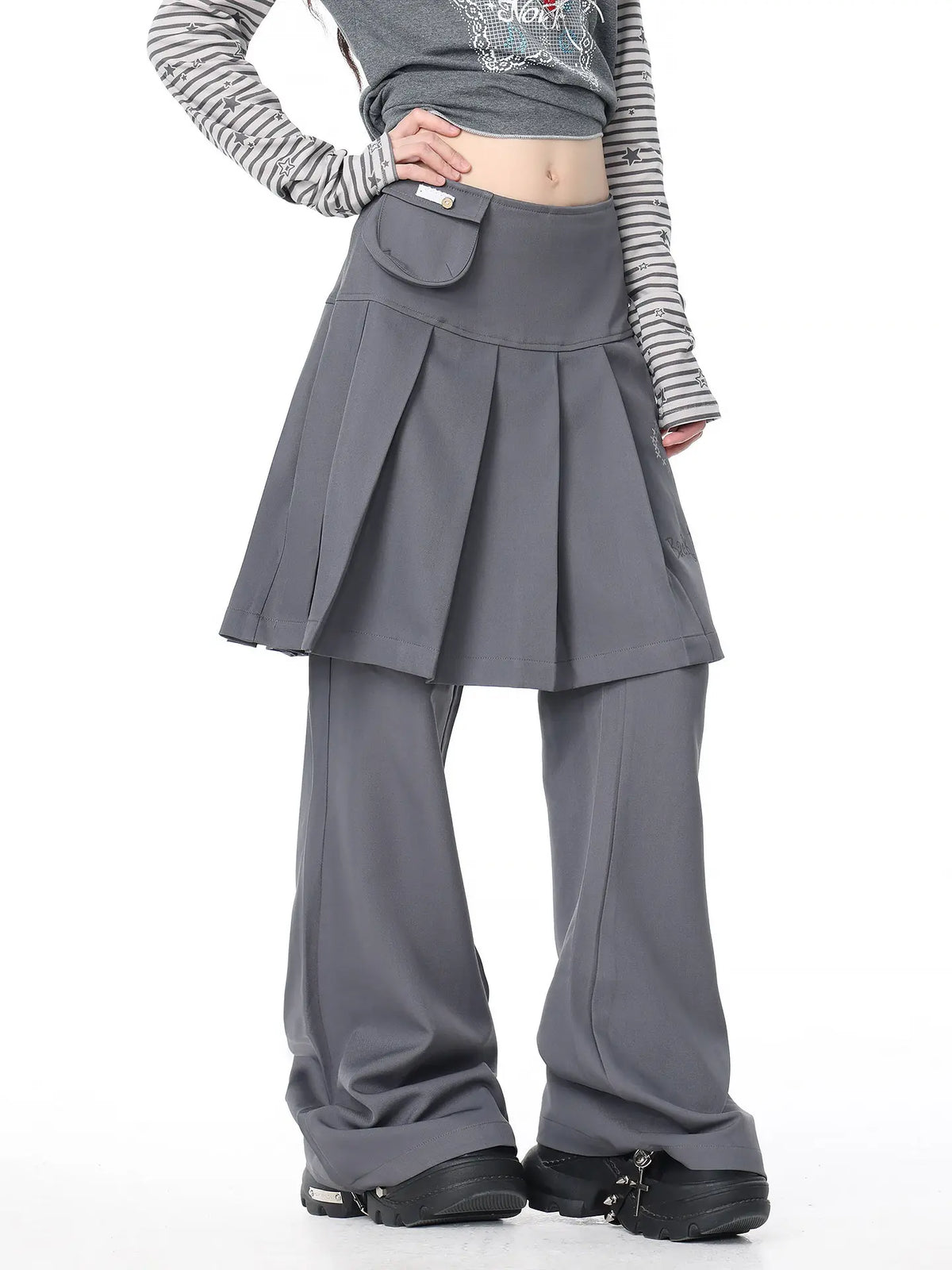 Pleated Skirt Layered Flare Pants OL2412