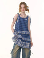 Asymmetrical Hem Blue Plaid Cami Dress OL2262