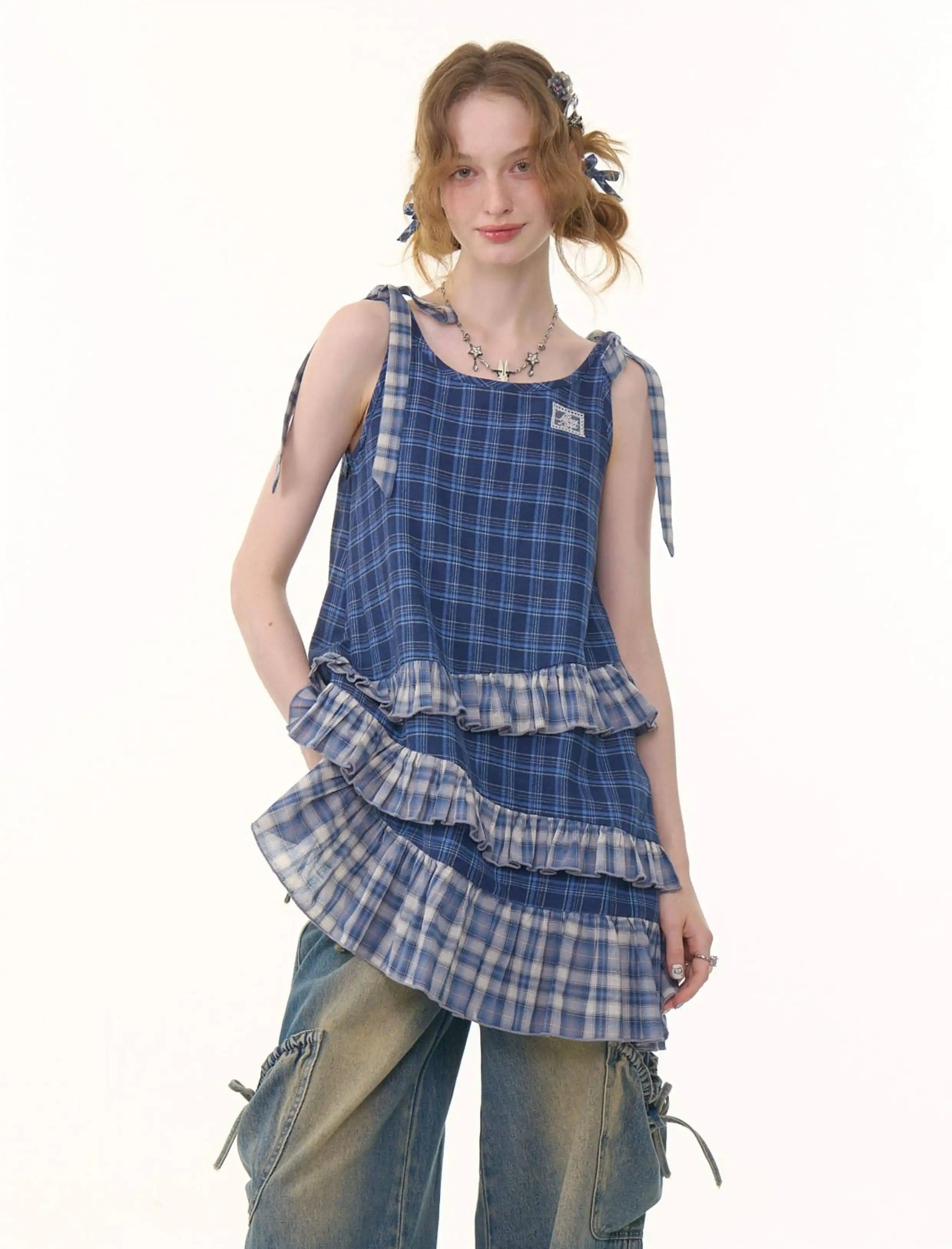 Asymmetrical Hem Blue Plaid Cami Dress OL2262