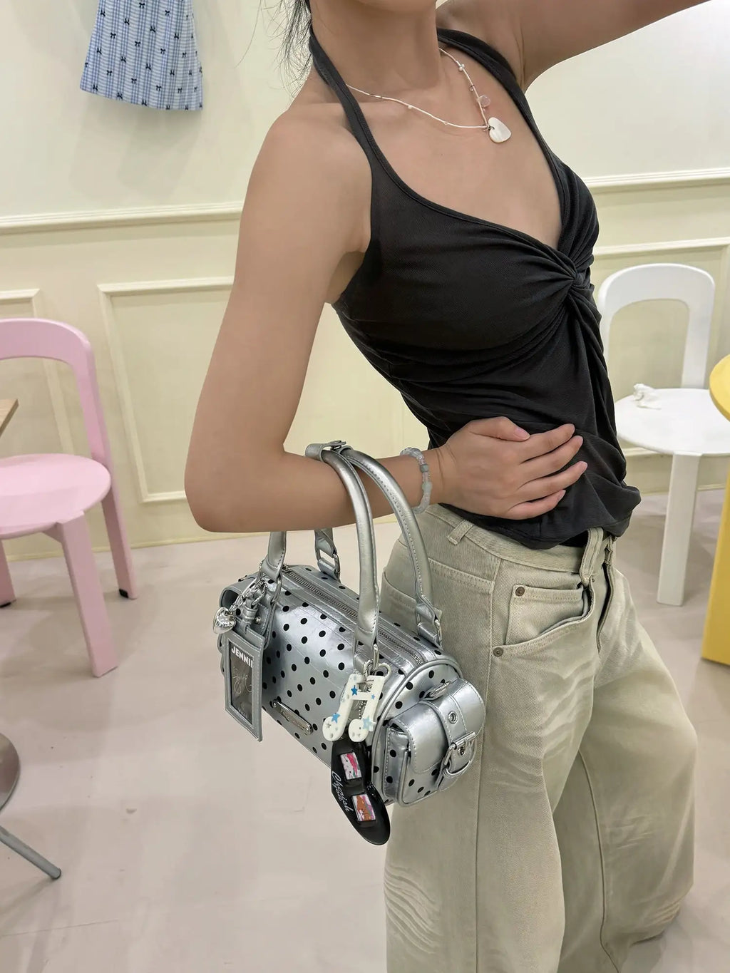 Silver Polka Dot Multi Pocket Bowling Bag OLA058