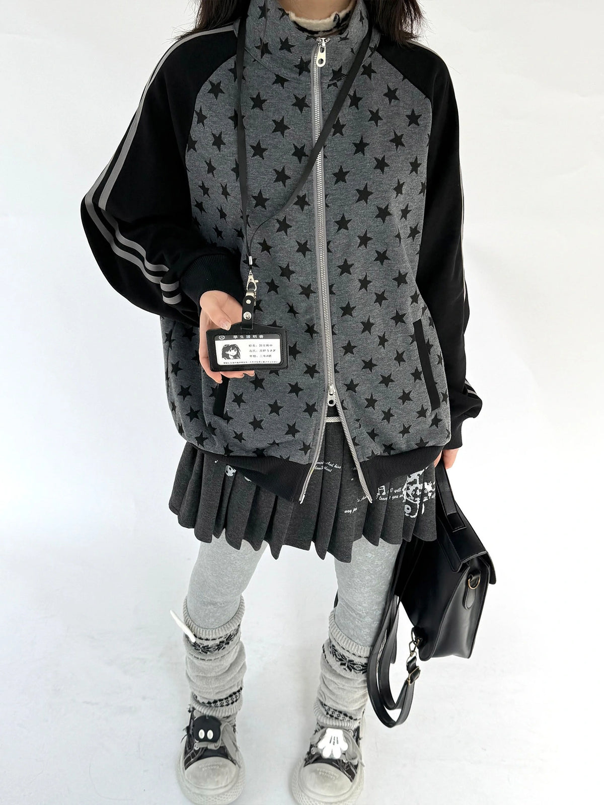 Star Print Stand Collar Double Zip Jacket OL2482
