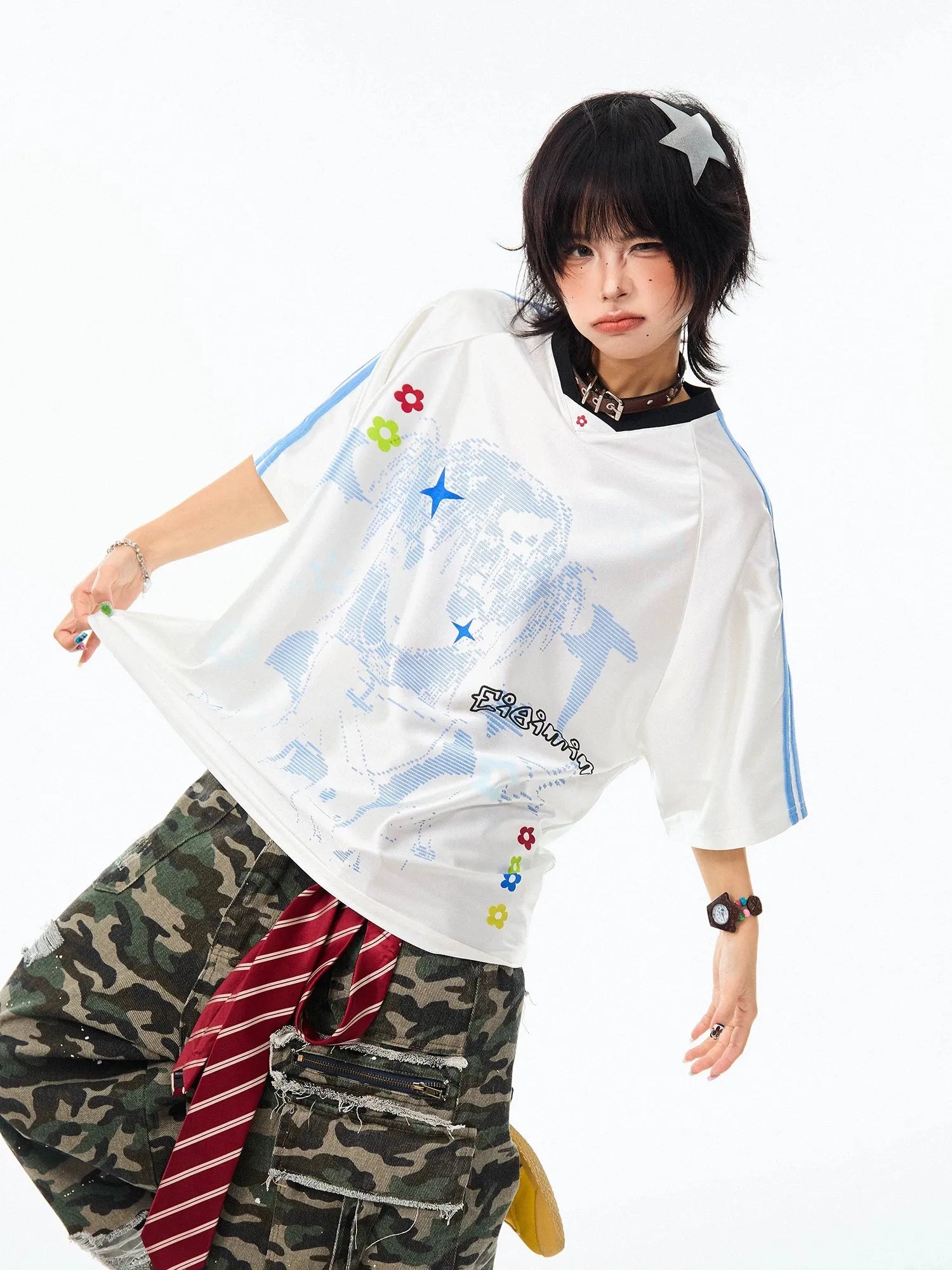 Vintage Cartoon Jersey V-Neck Oversized Short Sleeve Tee OL2273
