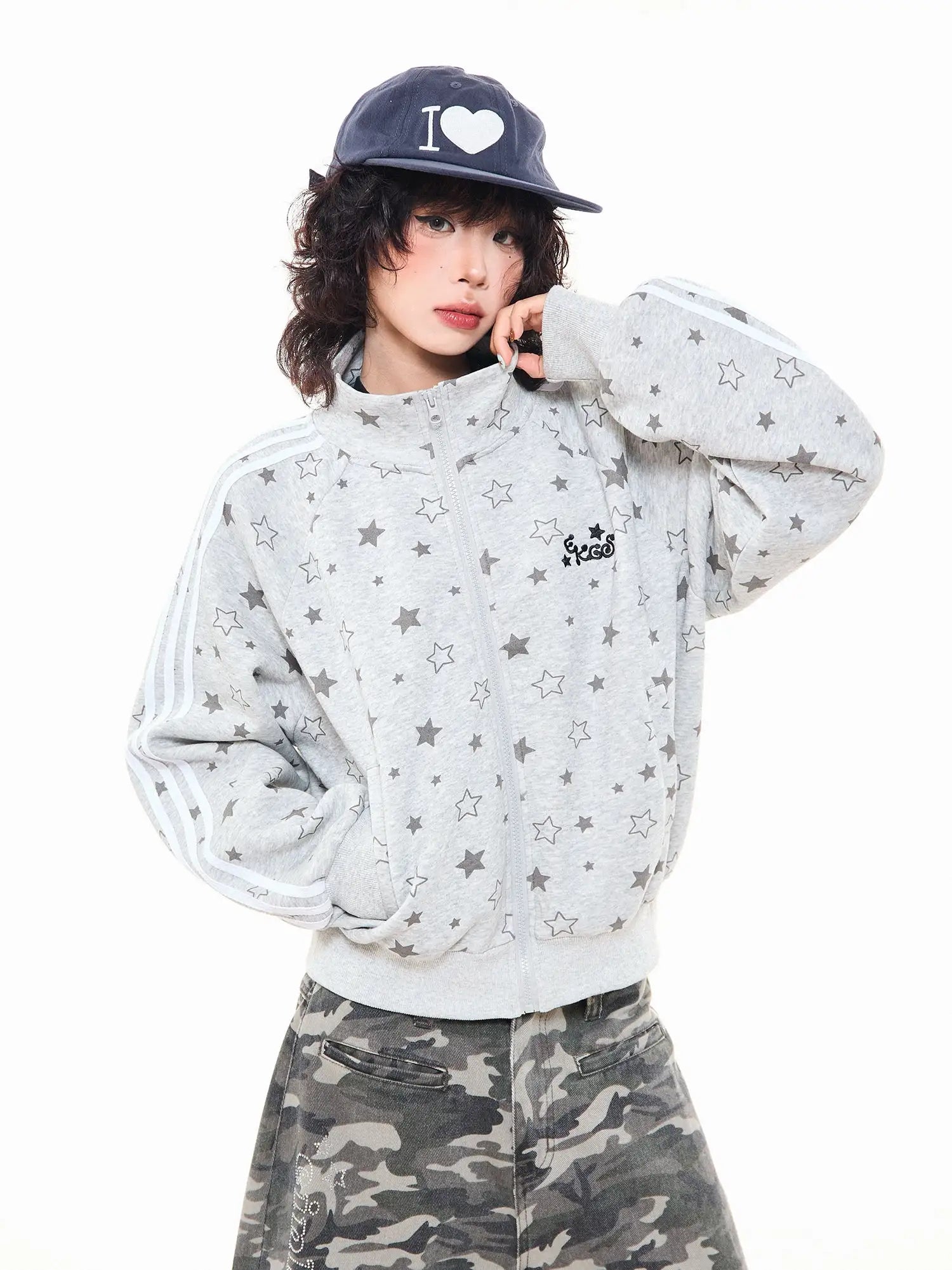 Star Print Oversized Stand Collar Zip Hoodie Cardigan OL2323