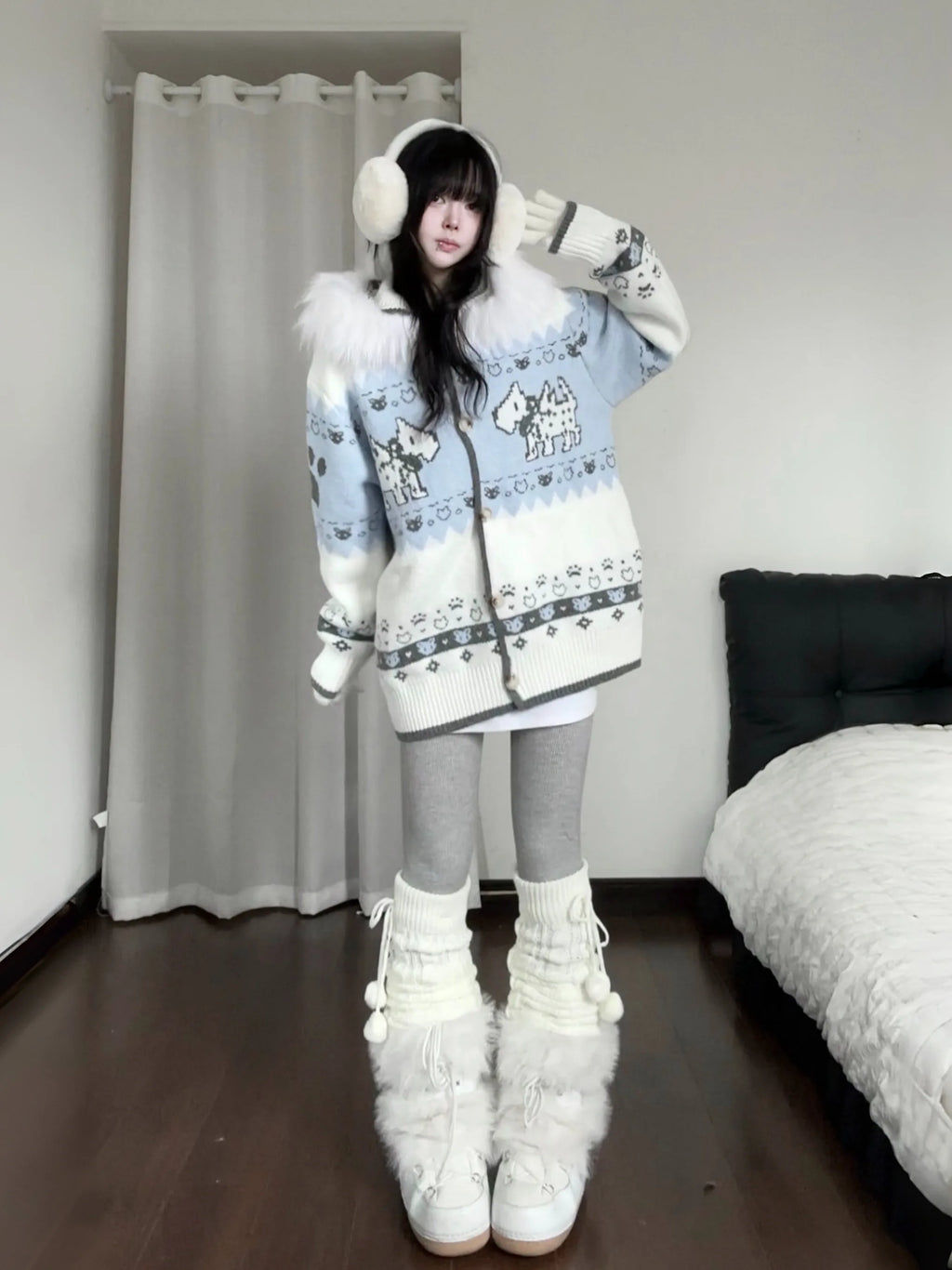 Puppy Fur Trim Hooded Knit Cardigan OL2446