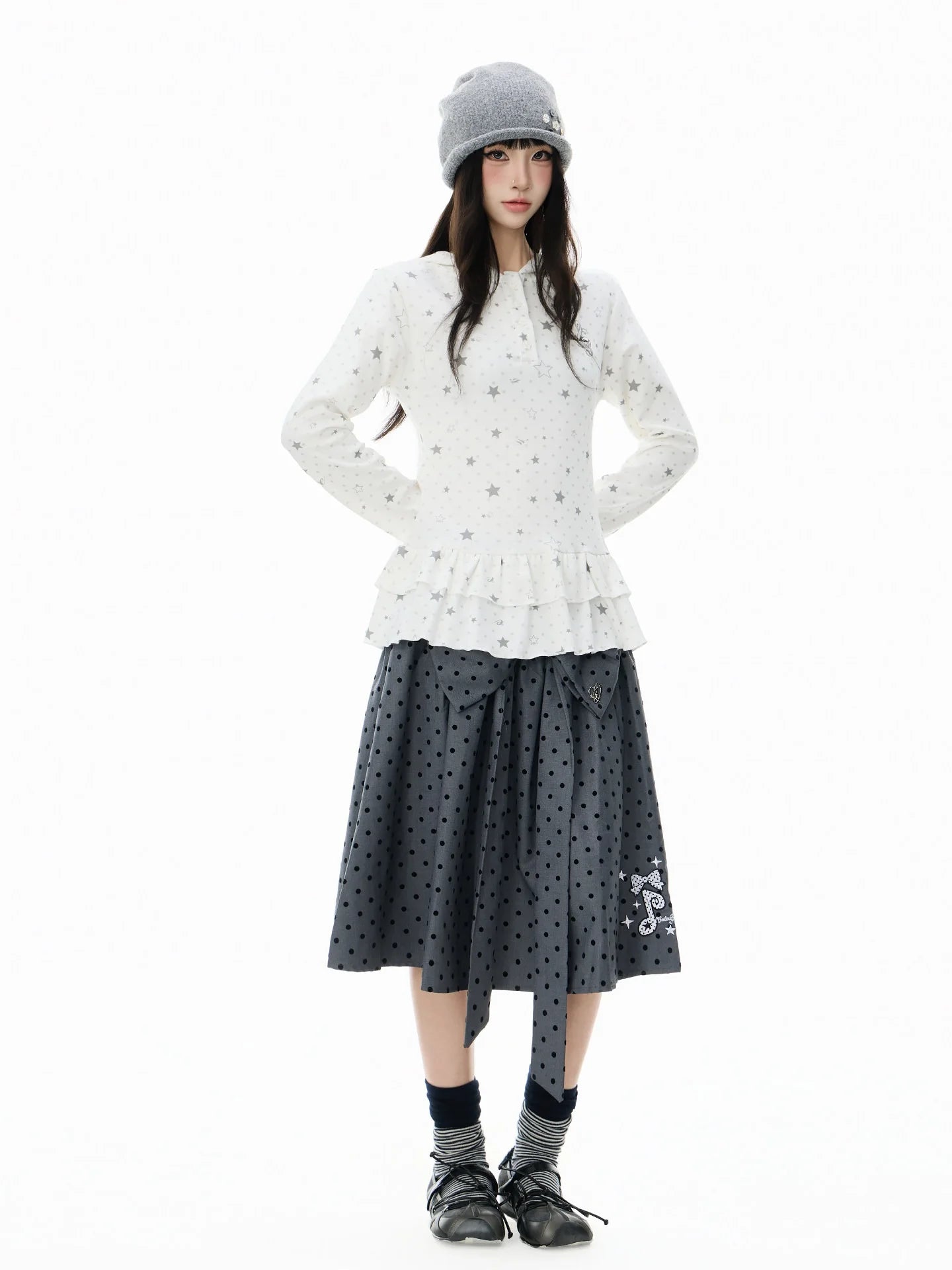 Polka Dot Star 러플 후드 긴팔 티셔츠 OL2406