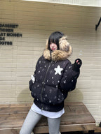 Star Embossed Detachable Fur Collar Puffer OL2445