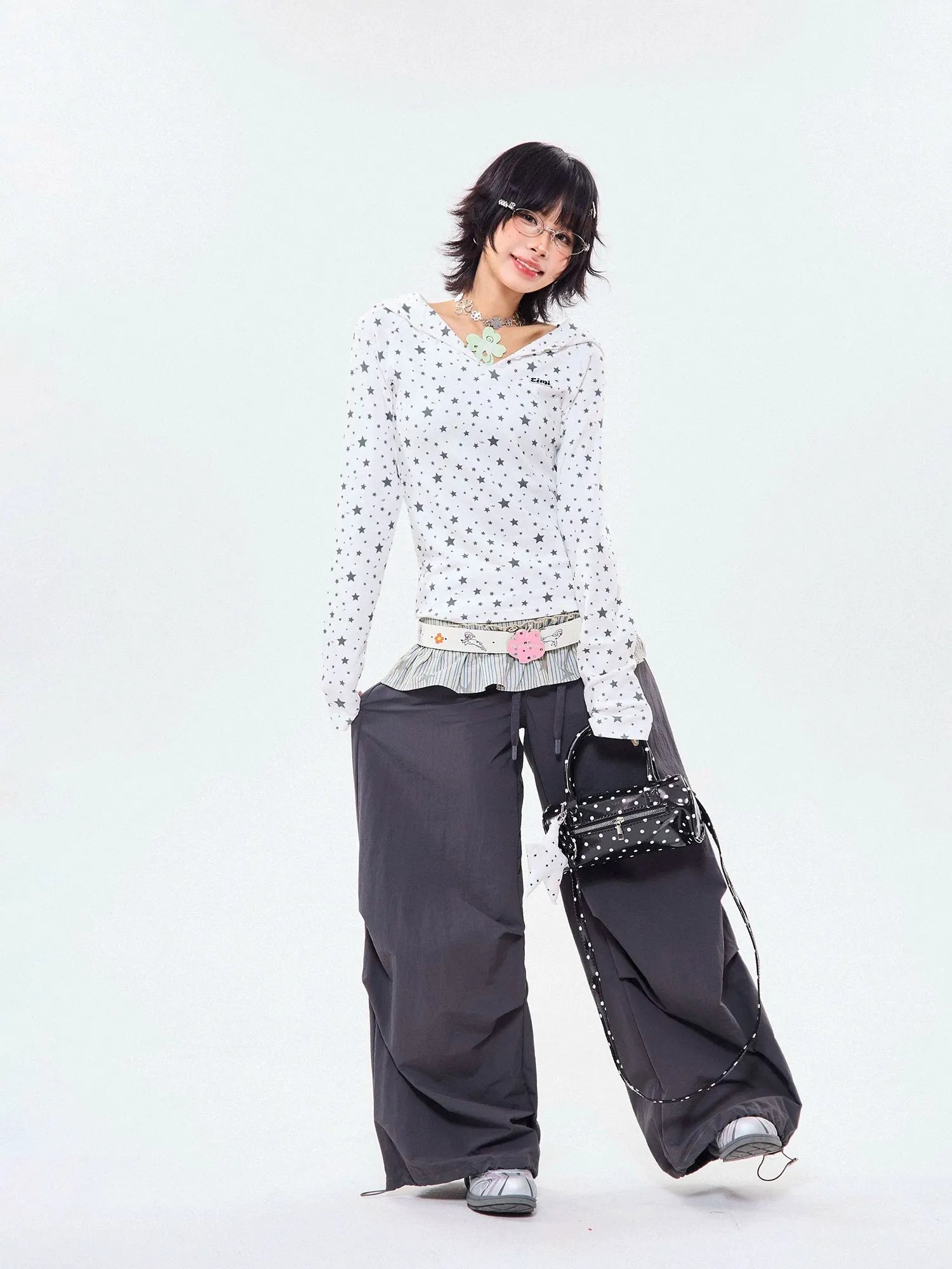 Star Wing Print Hooded Long Sleeve Fitted Top OL2272