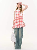 Red Plaid Doll Collar Sleeveless Dress OL2257