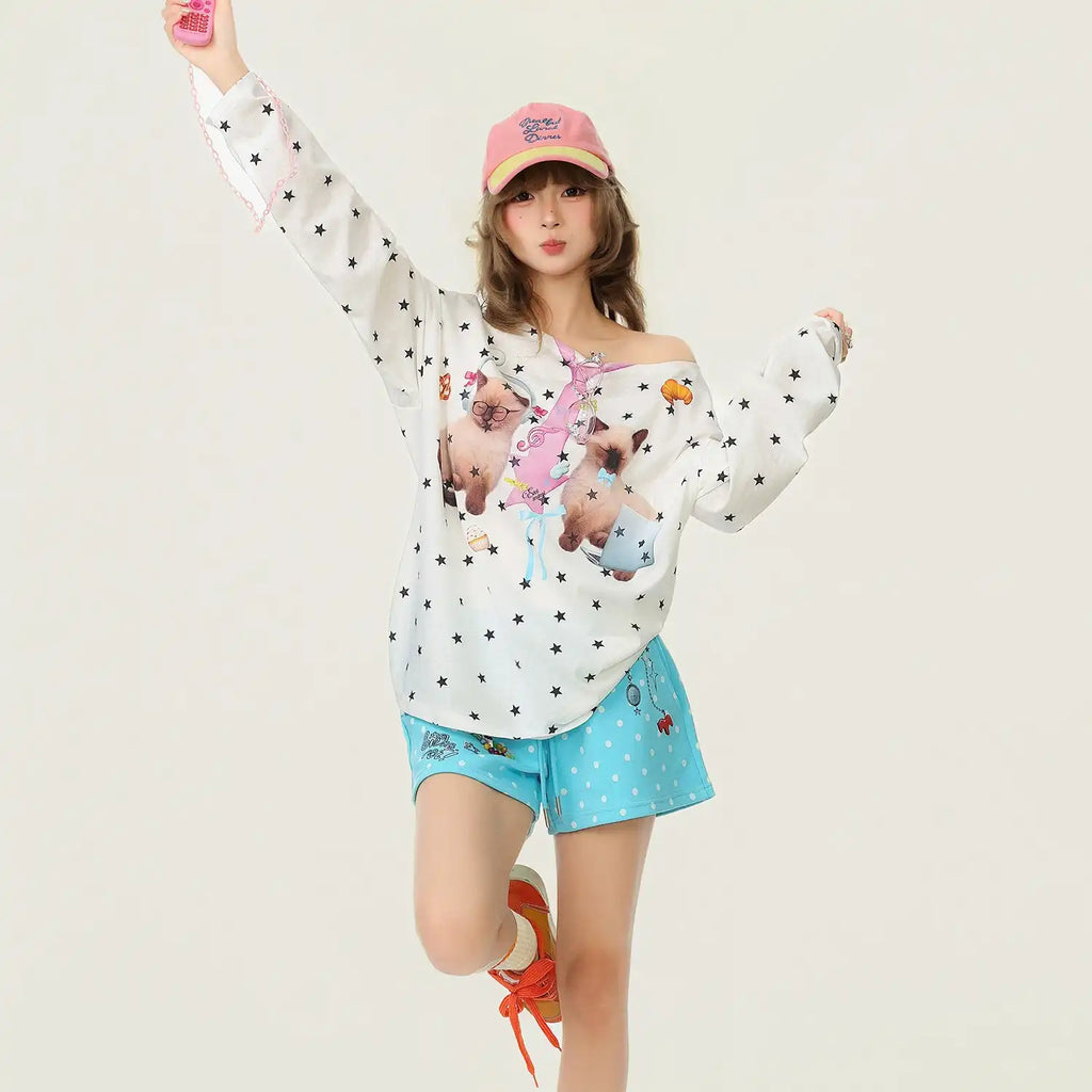 Cat Star Print Off Shoulder Long Sleeve Top OL2345