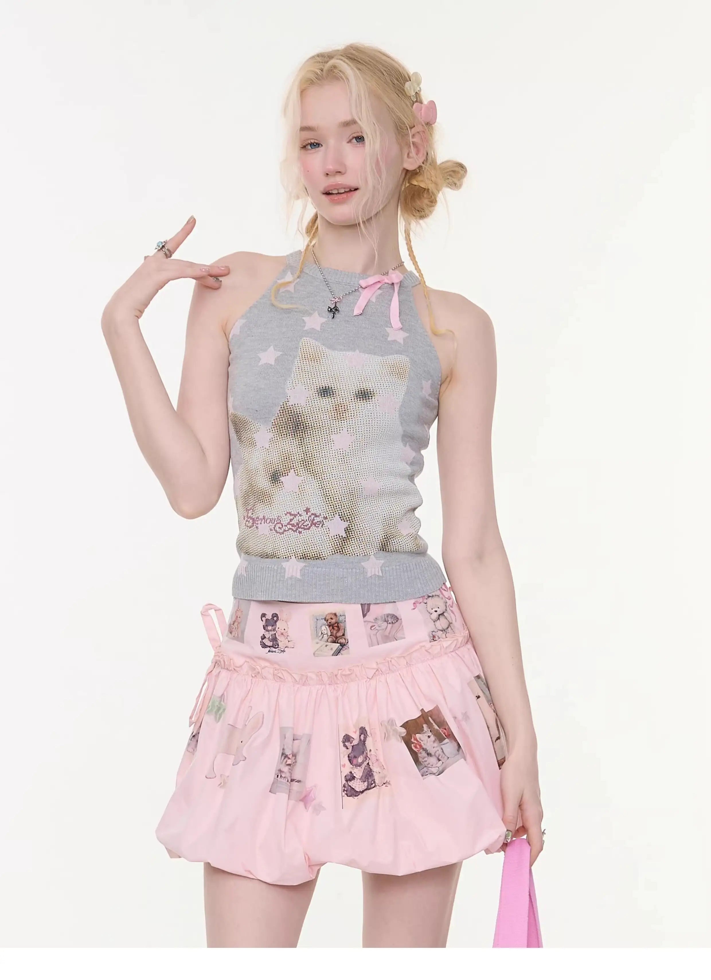 Bow Star Cat Graphic Slim Fit Tank Top OL2255