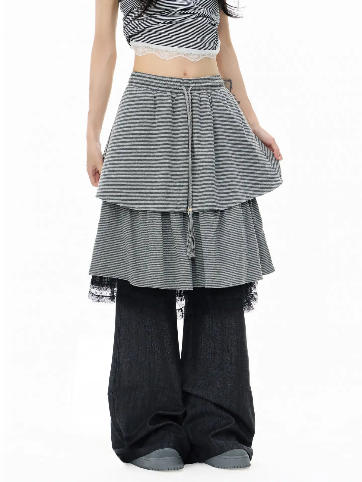 Striped Lace Layered Wide Leg Pants oliviroa オリヴィオラ