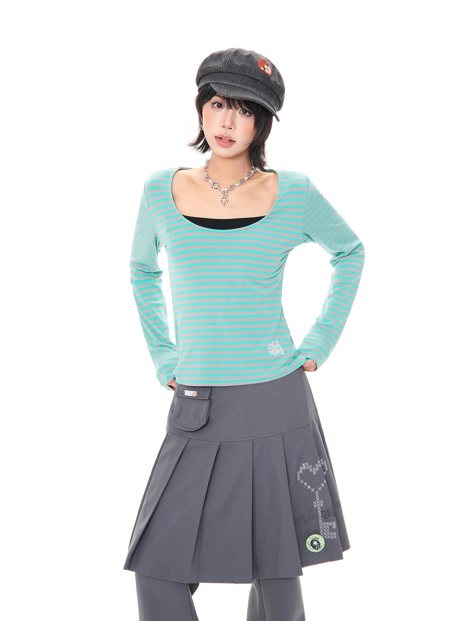 Pink Stripe U Neck Long Sleeve T Shirt OL2382