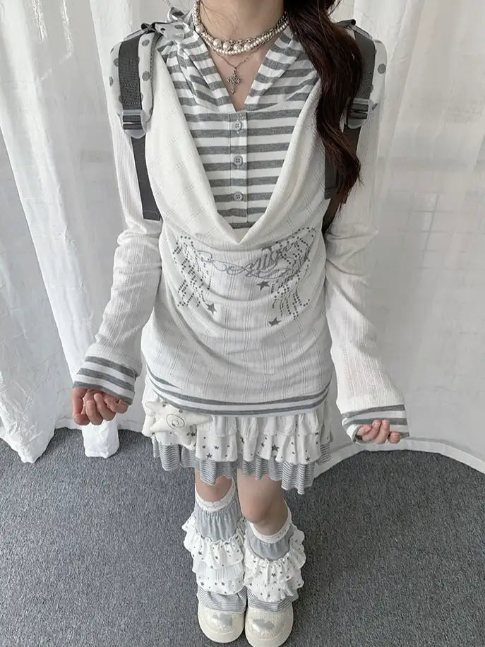 Layered Stripe Cowl Neck Long Sleeve Tee OL2385