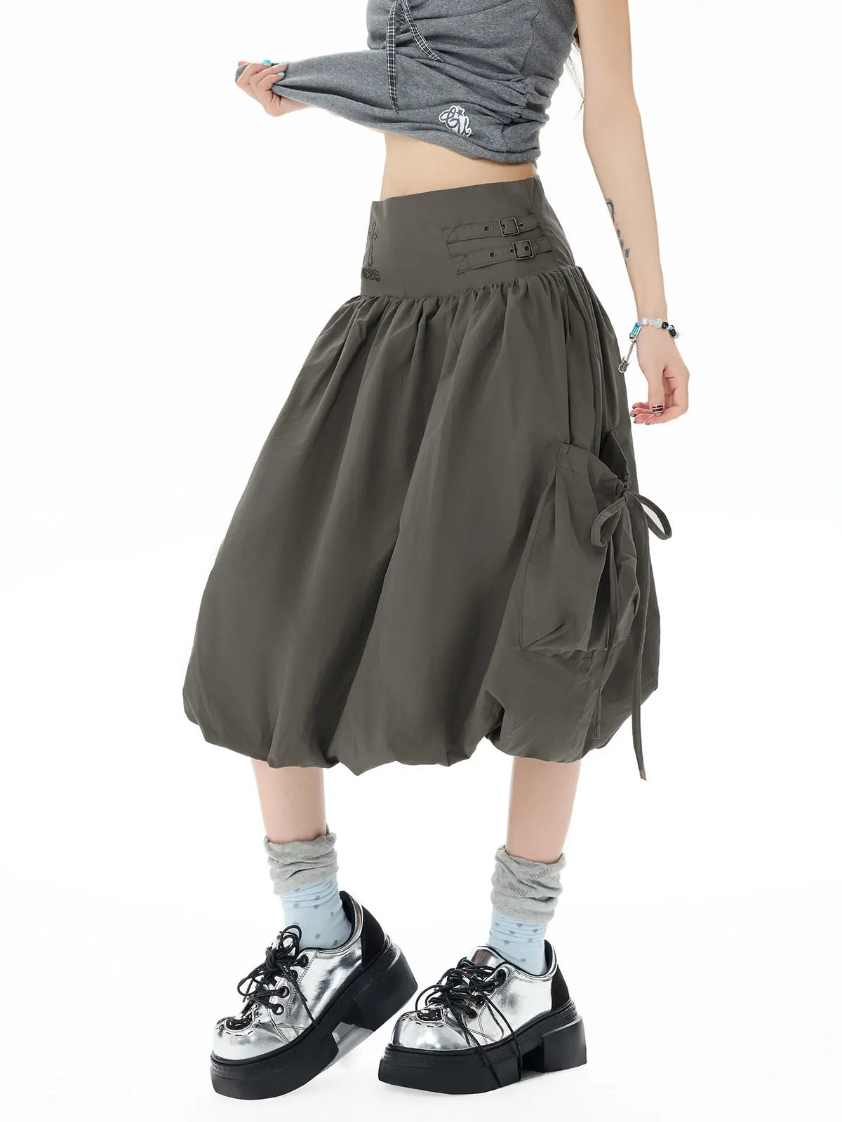 Studded Rhinestone Tie Bubble Skirt OL2410
