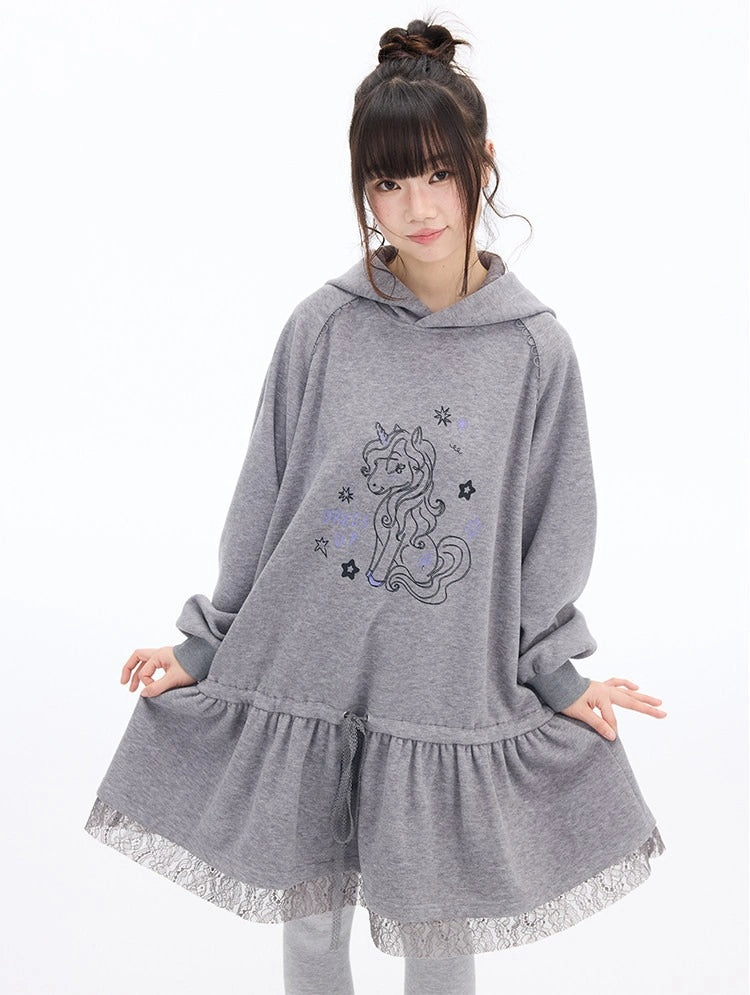 Pony Graphic Long Hooded Sweatshirt Dress OL2398