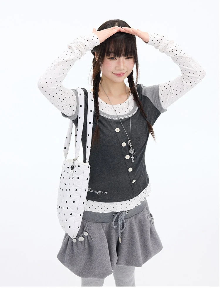 Polka Dot Lace Layered Fitted Long Sleeve Tee OL2397