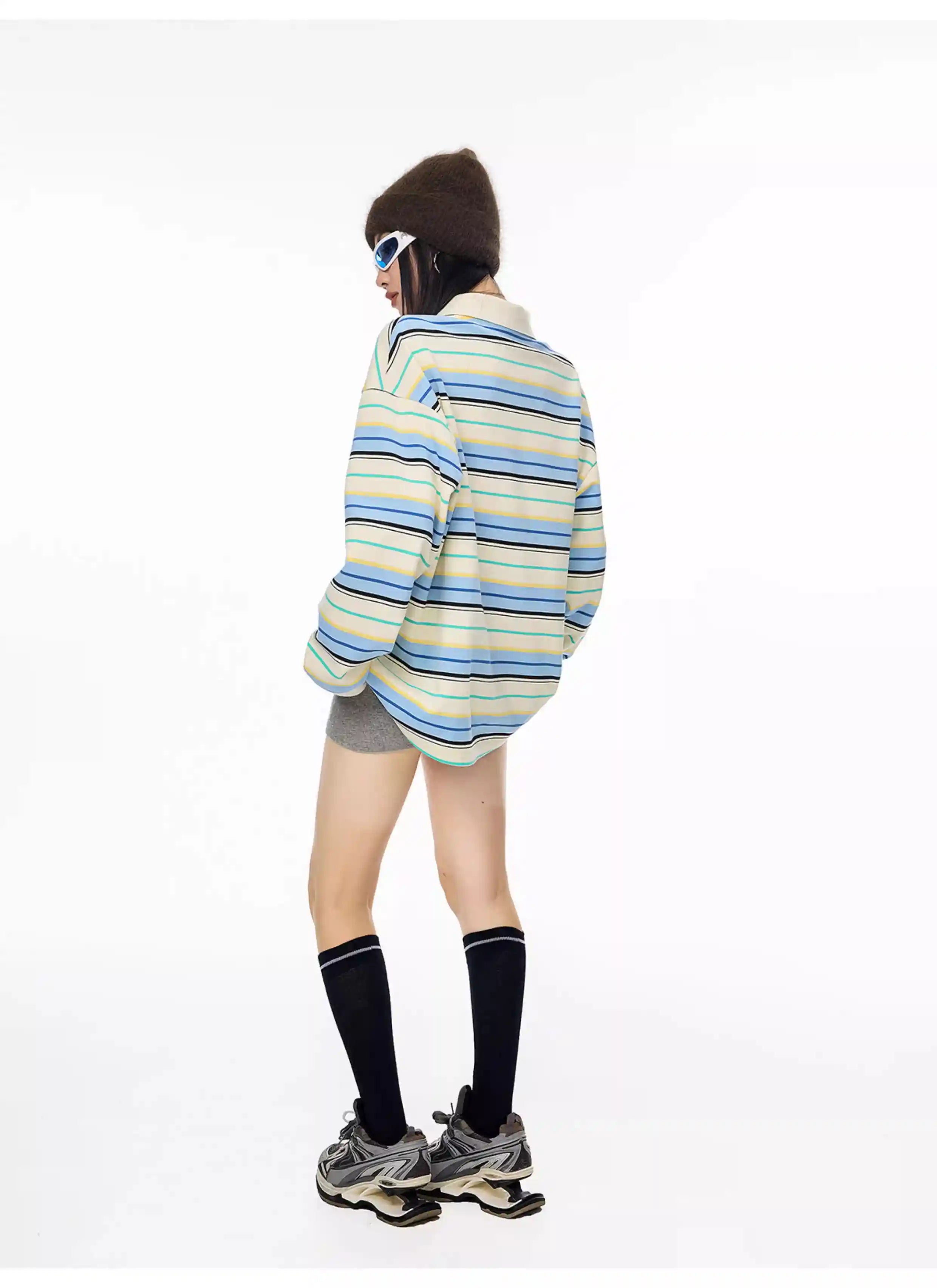 Striped Long Sleeve Polo Top with Contrast Panels   OL1993