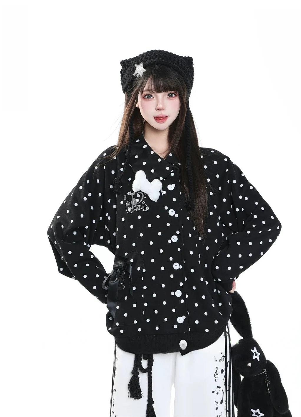 Polka Dot Bow Zip Up Hoodie oliviroa オリヴィオラ