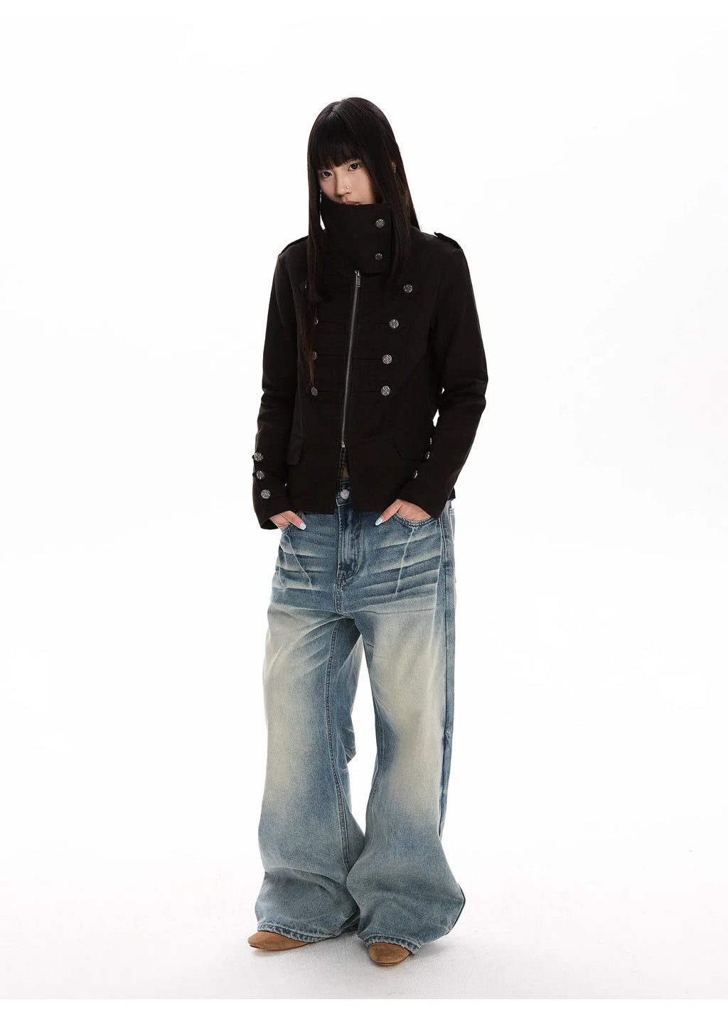 Double Breasted Scarf Collar Cropped Jacket OL2426
