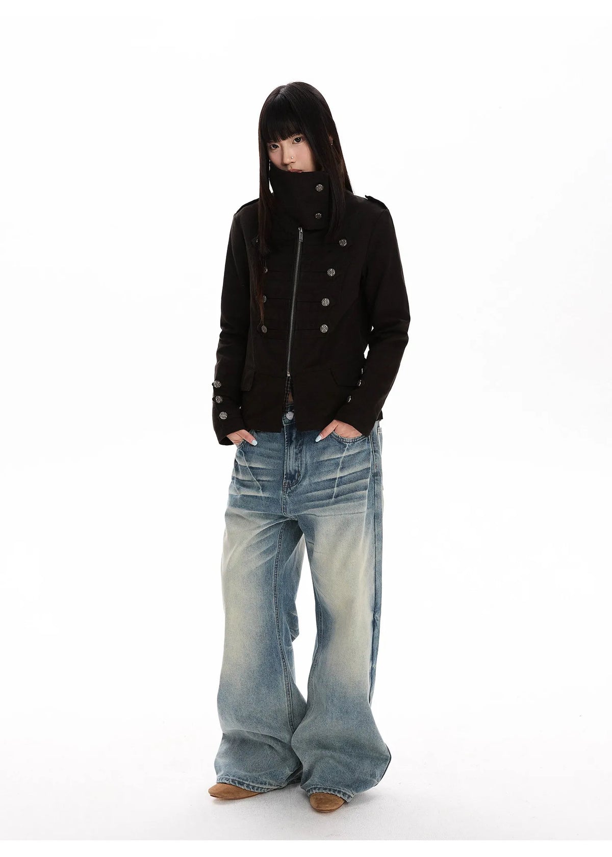 Double Breasted Scarf Collar Cropped Jacket OL2426