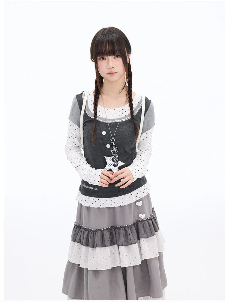 Polka Dot Lace Layered Fitted Long Sleeve Tee OL2397