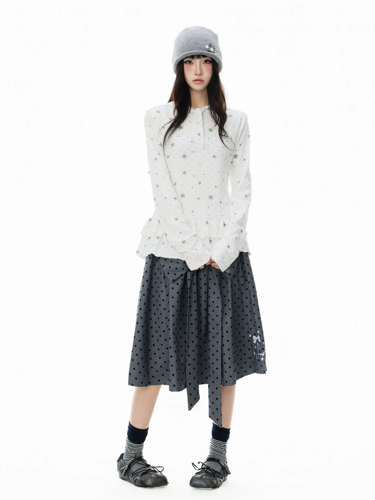 Polka Dot Star 러플 후드 긴팔 티셔츠 OL2406