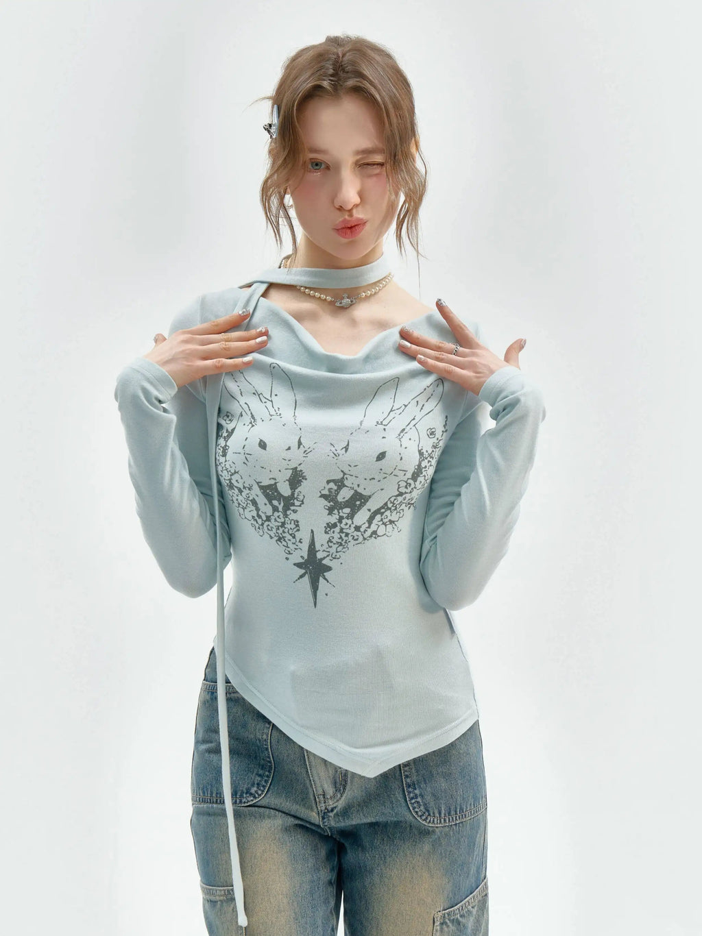 Rabbit Draped Neck Slim Fit Top OL2259