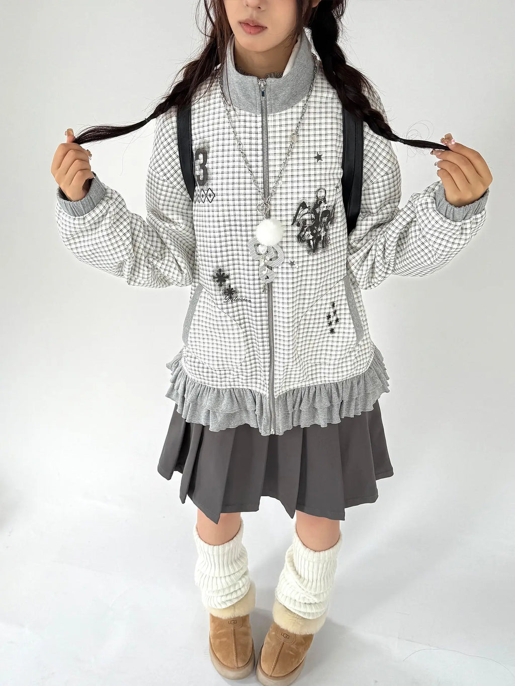 Graphic Plaid Ruffle Jacket OL2383