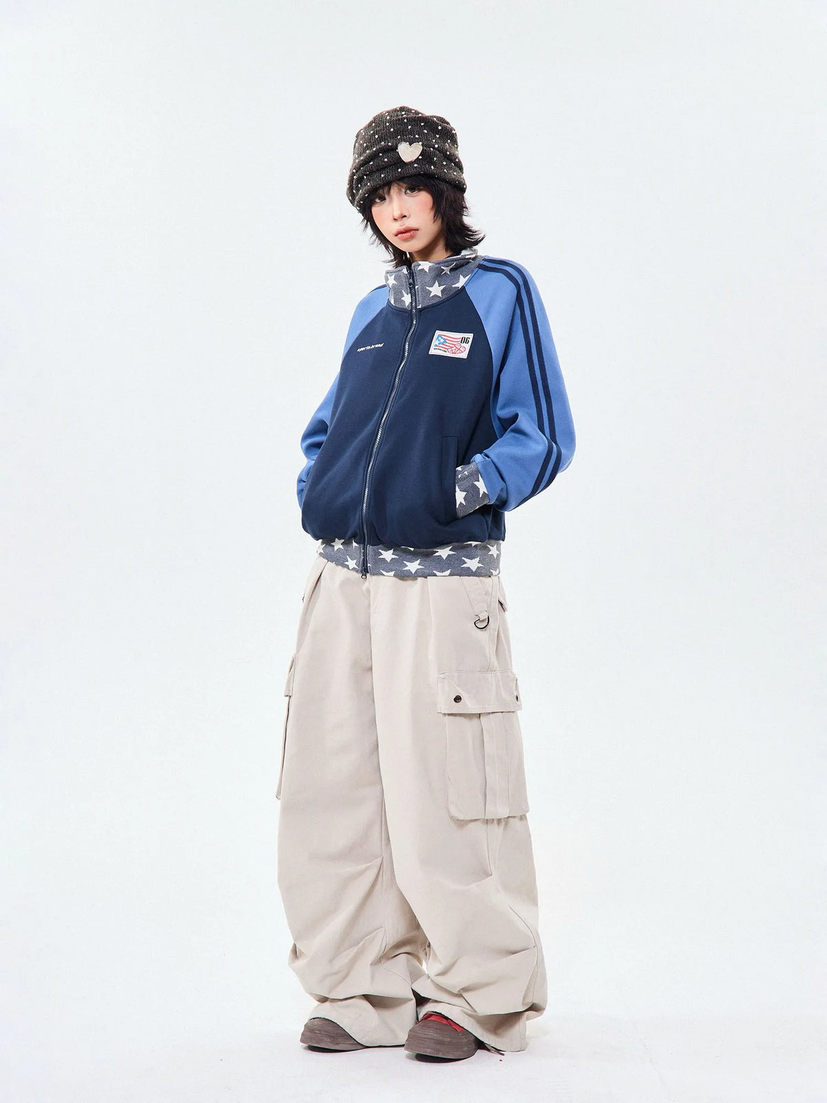 Retro Colorblock Stand Collar Zip Jacket   OL2026