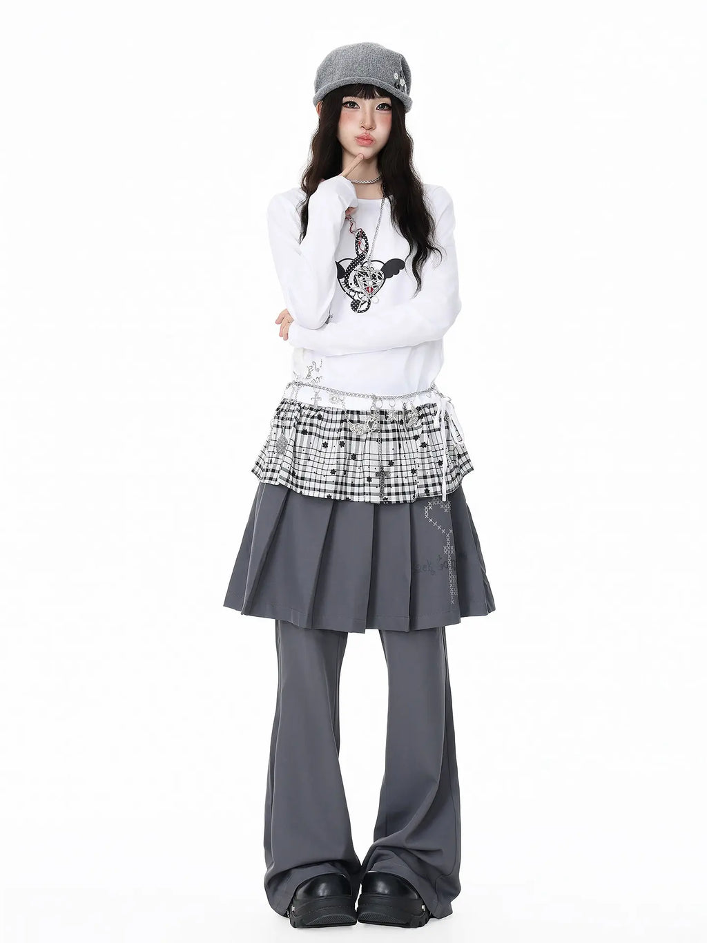 Pleated Skirt Layered Flare Pants OL2412
