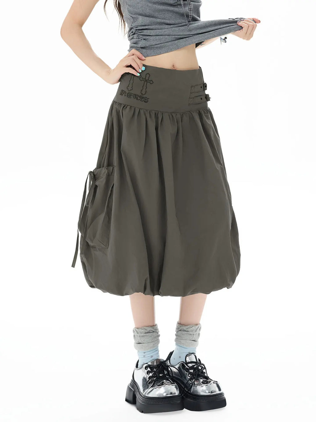 Studded Rhinestone Tie Bubble Skirt oliviroa オリヴィオラ