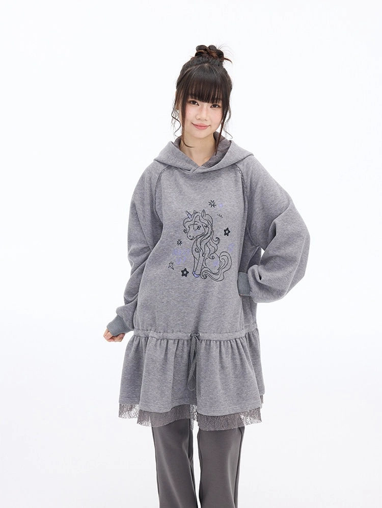 Pony Graphic Long Hooded Sweatshirt Dress OL2398